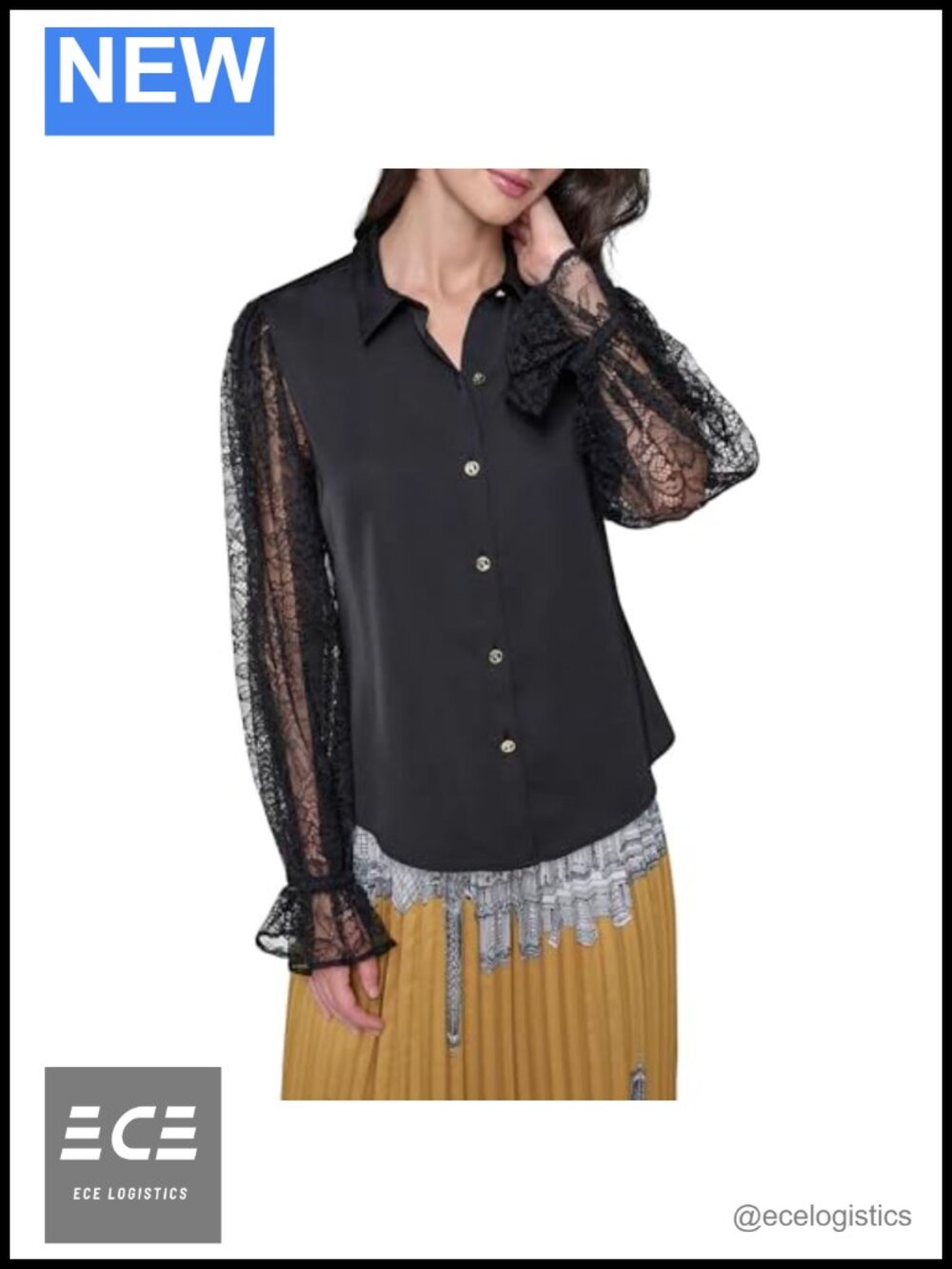 Long Lace Sleeve Button Down Blouse - Classic Fit Collared Shirt